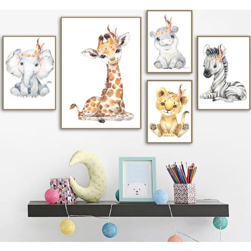 Safari Baby Animals Canvas Poster Nursery Elephant Giraffe Zbra Wall Art Print Animal Canvas Painting Nordic Kid Bedroom Decor P