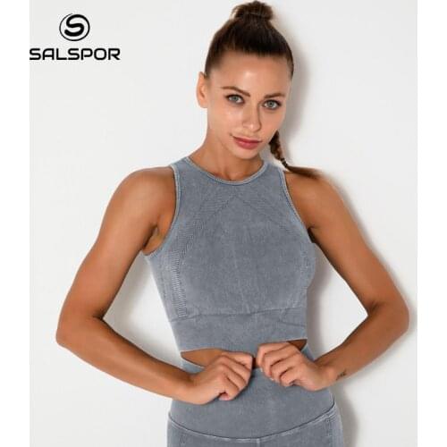 SALSPOR Seamless Knitted Washed Sexy Tights Yoga Bra Running Fitness Sportswear Vest Women Top Women Tanks Camis
