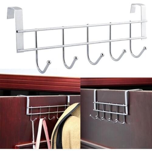 Stainless Steel Hook Door-back Traceless Hook Five-hook Cabinet Door Hanger Towel Hooks Kitchen Bedroom Supply Nail-free Hooks