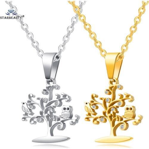 Starbeauty 1pc Chic Life Tree Necklace Women Men Hollow Owl Bird Stainless Steel Pendant Necklaces 45cm Chain Neckless Jewelry