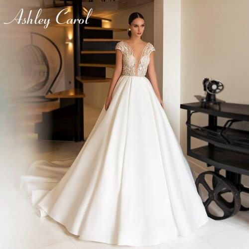 Ashley Carol A-Line Wedding Dress 2021 Satin Backless Beaded Lace Sexy V-Neck Short Sleeve Princess Bridal Gown Vestido De Noiva