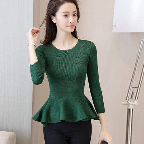 Long Sleeve Spring Autumn Sweaters Women O Neck Ruffles Slim Vintage Pullovers Knitted Sweaters Knit Pull Femme Sweter Mujer