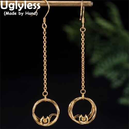 Uglyless Ethnic Abstract Fishes Ear Hooks for Women Double Circles Long Chains Earrings Gold Retro Brincos 925 Silver Jewelry