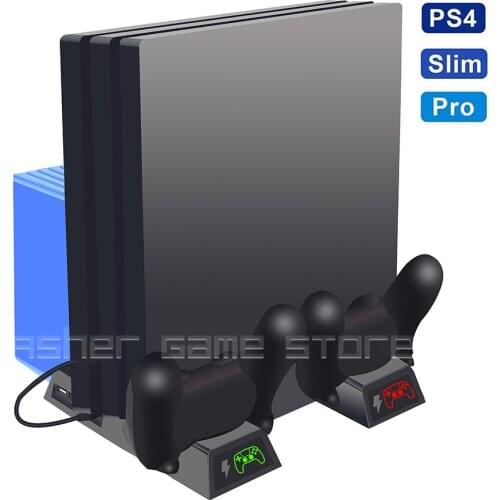 PS4 Slim Pro Vertical Stand with 2 Controller Charging Dock 2 Cooing Fan 12 Games Slot 4 Micro Dongles for Playstation 4 Console