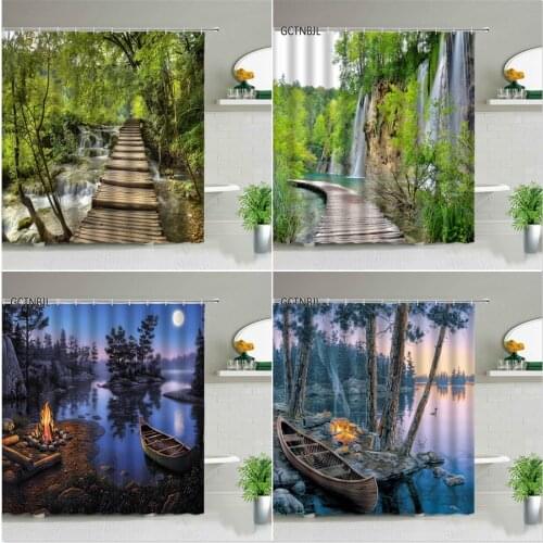 Forest Natural Scenery Shower Curtains Waterfall Landscape Wooden Bridge Bathroom Home Decor Waterproof Bathtub Screen With Hook