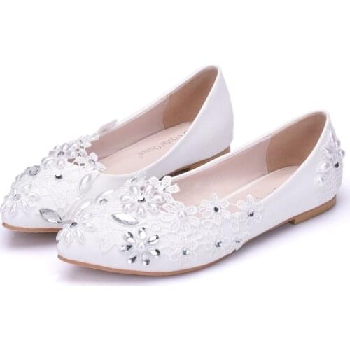 Crystal Queen Women Flats Shoes Handmade Wedding Shoes Pearl Rhinestone Beaded Anklet Lace-Up Shoes White Bridesmaid Shoes