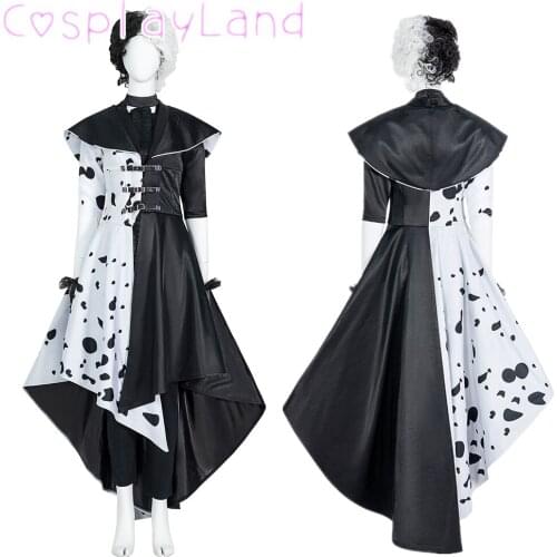 2021 Cruella Estella Cosplay Costume Punk Black White Spots Coat Shirt Pants Gloves Wig Evening Party Emma Magic Women Oufit
