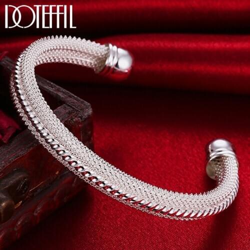 DOTEFFIL 925 Sterling Silver Woven Mesh Bangle Bracelet For Woman Wedding Engagement Fashion Charm Party Jewelry