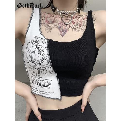 Goth Dark Punk Style Patchwork Tank Tops Aesthetic Letter And Graphic Print Women Crop Top Color Blocking Sleeveless Streetwear