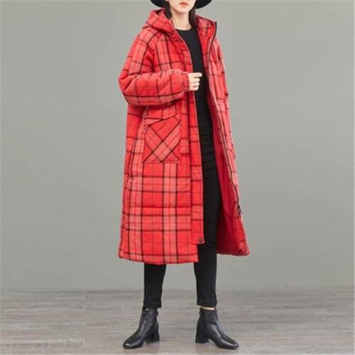 Cotton Clothing Female Long Section 2019 Winter Fashion New Retro Lattice Hooded Long Sleeve Warm Cotton Coat Tide H00310