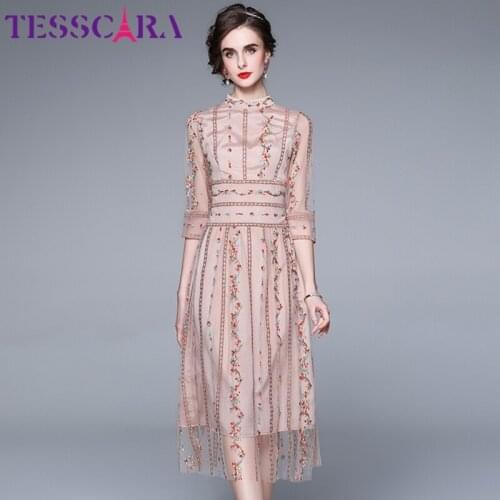 TESSCARA Women Summer Elegant Embroidery Dress Festa High Quality Long Wedding Party Robe Femme Runway Designer Mesh Vestidos