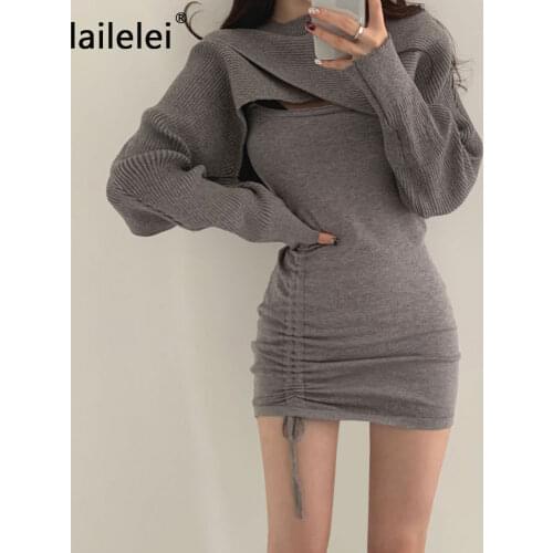 2 Piece Knitted Dress Bodycon Mini Sexy Short Sweater Robe O Neck Vintage Top Suit Party Black Vestidos Korean Two Spring 2021