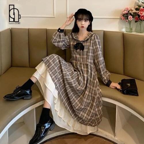 Girly Plaid Vintage Victorian Long Sleeve Bow Ruffles Princess Dress Japanese Gothic Lolita Dress Women Sweet Tea Party Dresses