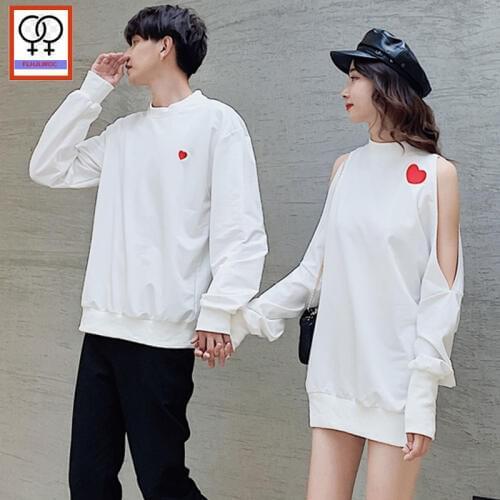 Winter Mini Tunic Sweatshirts Hoodies Casual Long Sleeve Love Printed White Open Off Shoulder Tops Tunic Matching Couple Clothes