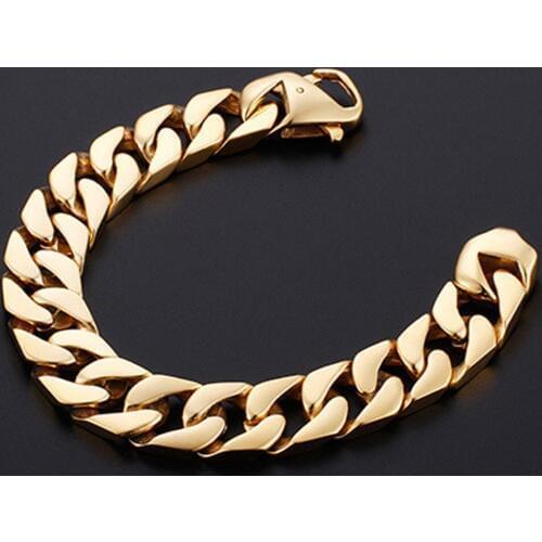 15MM Fashion Jewelry Stainless Steel Gold Tone Cuban Curb Chain Bracelet Wristband Mens Womens Gift Bangle 8.66" Christmas Gift