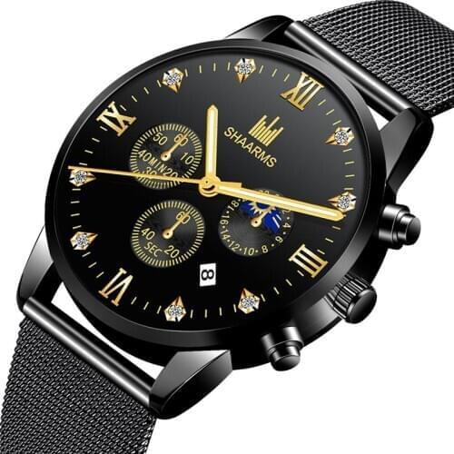 2019 Luxury Watch Mens Fashion Mens Watch Black Stainless Steel Mesh Strap Diamond Quartz Watches Montre Homme Relojes Hombre