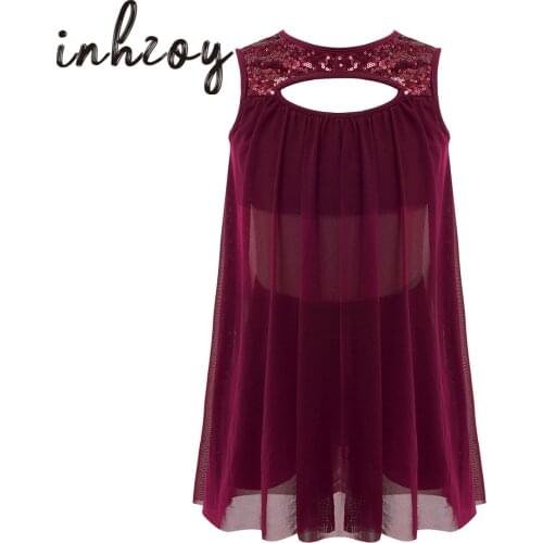 Girls Ballet Dress Kids See-through Mesh Chiffon Dance Wear Sleeveless Sequins Dress With Shorts Modern Lyrical Dance Costumes