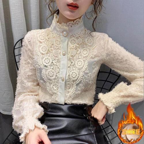 Blouse Women Womens Lace Shirt Autumn and Winter Turtleneck Long Sleeve Stand Collar Shirt Thickened Blusas Ropa De Mujer