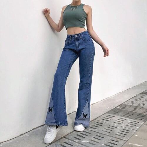 High Waist Bell Bottom Jeans Women Butterfly Printed Solid Color Zipper Fly Denim Pants Fashion High Street Loose Baggy Trousers