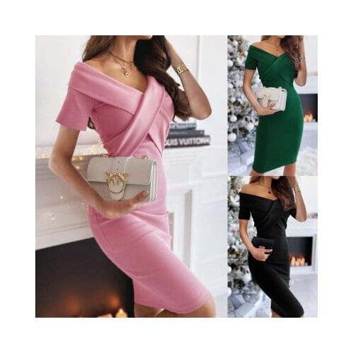 Elegant Solid Color Pencil Dress Womans Cross Patchwork Design V-Neck Short Sleeve Mid Waist Slim Hips Pullovers Buttocks Dress