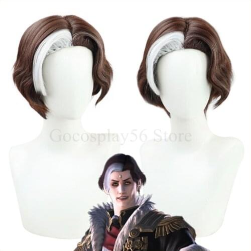 FF14 Hades Wig Final Fantasy XIV Emet-Selch Cosplay Boss Brown Short Curly Synthetic Hair Heat Resistant Halloween Role Play