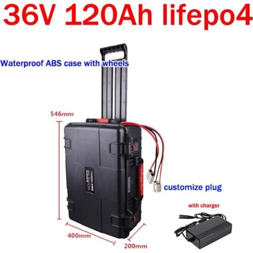 GTK waterproof 36V 120AH Lifepo4 lithium battery BMS with wheel trolley case for 4000W scooter bike boat inverter +10A Charge