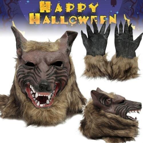 Halloween Latex Rubber Wolf Head Hair Mask Werewolf Gloves Costume Party Scary Decor BM88