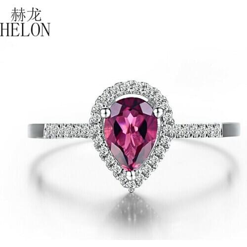 HELON Solid 10K White Gold Flawless Pear 5x7mm Genuine Tourmaline Diamond Women Vintage Trendy Fine Jewelry Engagement Ring Gift