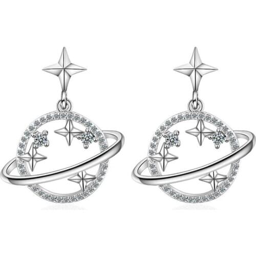 KOFSAC New Trendy 925 Sterling Silver Earrings For Women Shiny Zircon Planet Star Stud Earring Lady Jewelry Valentines Day Gift