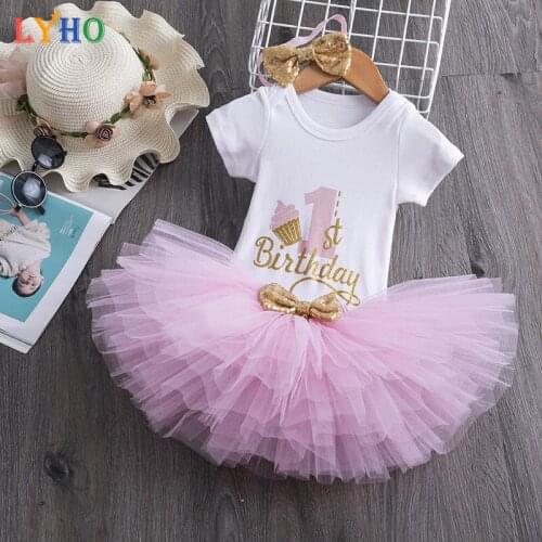 1 Year Baby Girls Clothes Sets Birthday Dresses Unicorn Top Headwear 3Pcs Short Sleeve Lace Skirt Princess Dresses Kids Clothing