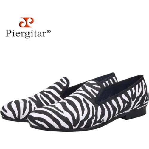 Piergitar 2021 New Style Zebra Pattern Men Moccasin Handmade Canvas Mens Loafers Slip-On Man Smoking Slippers Plus Size