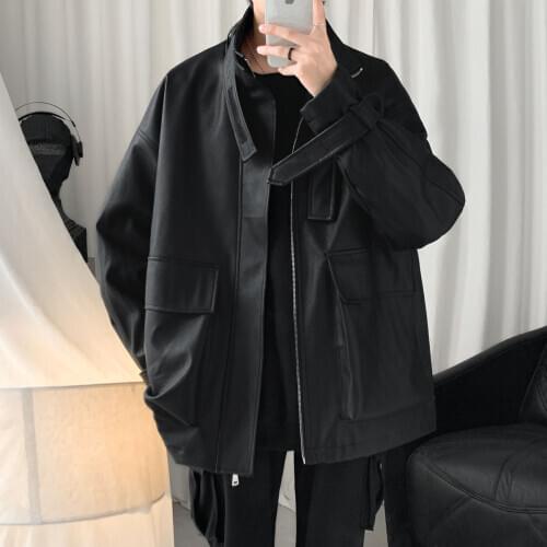 Spring Autumn Leather Jacket Mens Simple Short Stand Collar Loose Casual Faux Leather Big Pocket Mens Coat PU Tops Men Clothes