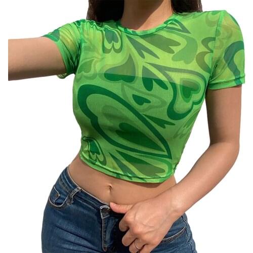 2021 Summer Bikini Cover-Ups Sexy Print Mesh Tops Women Short Sleeve O Neck Slim Fit See Through Crop Top Beachwear T-Shirt