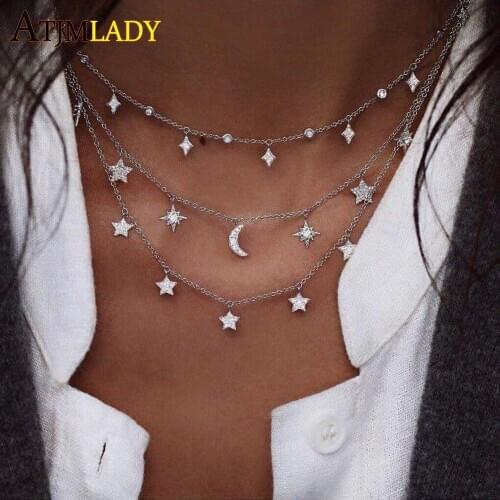 2021 New women sexy layer Bling cubic zirconia christmas gift moon star drop charm silver chocker choker silver 925 CZ necklace