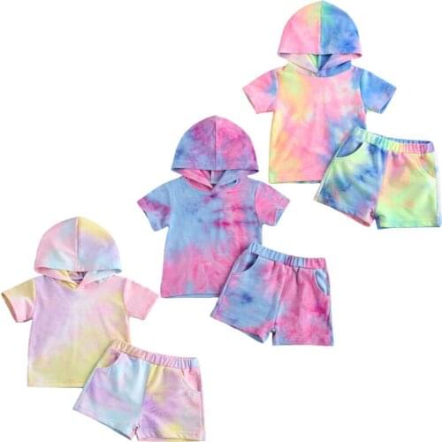 1-5Y Summer Infant Baby Girls Clothes Sets Tie-Dye Printed Short Sleeve Hooded Tops Shorts 2pcs Clothes Set