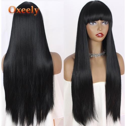 Oxeely Long Straight Hair Black Wig With Bangs Synthetic Hair Wigs For Woman Heat Resistant Wigs