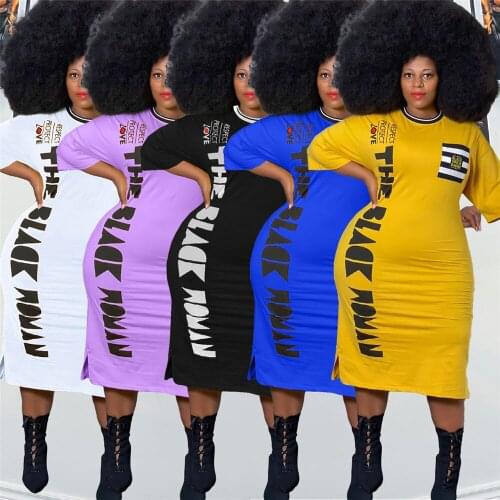 Midi Dresses Summer Womens Fashion Round Neck Pocket Letter Printed Split Fork Plus Size Dress 4xl 5xl Wholesale Dropshipping