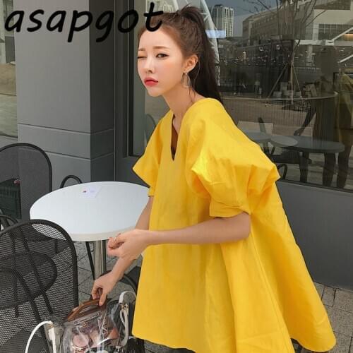 Dress Candy Color Fresh Loose V Neck Puff Short Sleeve Dress Women Short Irregular Hem Wild Vestido Feminino Casual Sweet