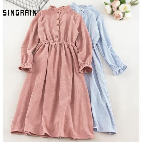 SINGRAIN Women Corduroy Dress Elegant Midi Long Solid Dress Long Sleeve Winter Holiday Romantic Party Dress Autumn A-Line Dress