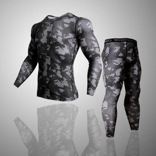 Sportswear suit Mens Army camouflage Thermal Underwear Tracksuit set Fitness Shirt Men Leggings 2 piece full man tracksuit 3XL