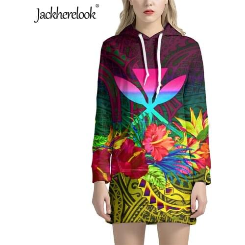 Jackherelook Kanaka Maoli Polynesian Plumeria Hibiscus Print Womens Loose Hoodies Dresses Long Sleeved Sweatshirts Tracksuits