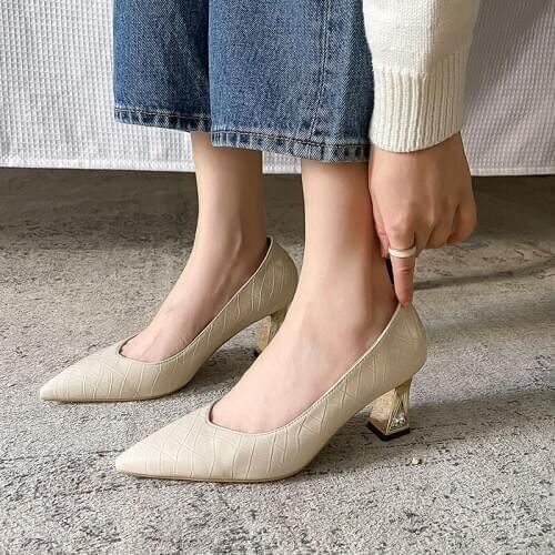 Metal Wine Glass Heel Pointed Pump High Heels Green Plaid Texture Tapered Heel Office Womens Shoe