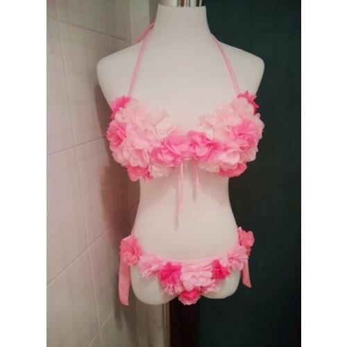 [Stock] Handmade New Flowers Holiday Halter Lacing Triangle Swimsuit Cute Sexy Pink Bikini Women Summer Swimwear Free Shipping