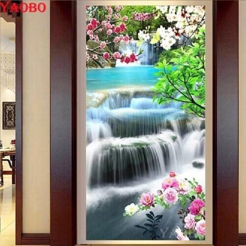 Embroidery With Diamonds round 5d DIY Diamond Painting Waterfall landscape Mosaic Full Square drill Diamond Embroidery flower