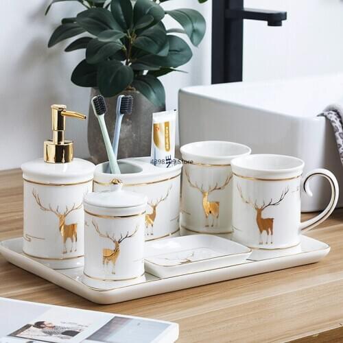 High quality ceramic bathroom supplies household toothbrush holder / soap dispenser / cotton swab box / bathroom accessories set