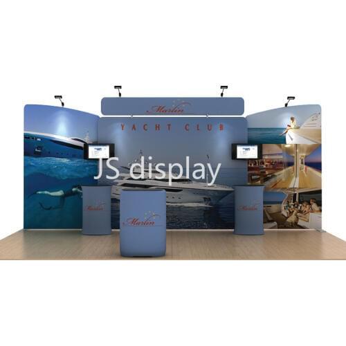 20ft Custom Tension Fabric Trade Show Display Pop Up Stand Booth Exhibition Sets with TV Brackets Podium Lights Back Wall