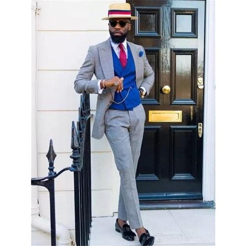 One Button Groomsmen Light Grey Groom Tuxedos Peak Lapel Men Suits Wedding Best Man 3 Pieces ( Jacket+Pants+Vest+Tie ) C828