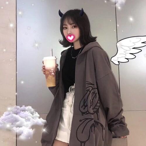 Women Hip Hop Streetwear Grunge Oversize Itself Hoodies Women Angel Dark Anime Print Hoody Coat Goth Harajuku Y2k Clothes
