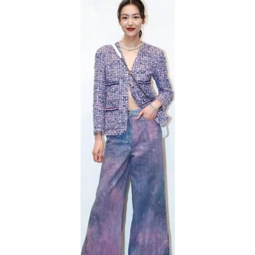 Runway Jackets Women 2021 Autumn Winter V neck Purple Plaid Tweed Jacket Coat Outwear Female outift