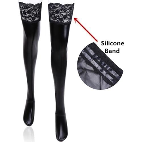 Womens Sexy Stockings Lace Latex Silicone Stockings Wetlook PVC Leather Knee High Stockings Pole Dance Clubwear Sexy Medias